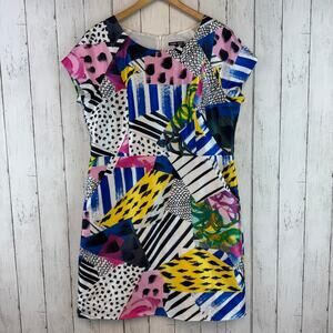 Samuel Dong Multicolor Funky Abstract Print Fitted Mini Dress Pockets Size Large